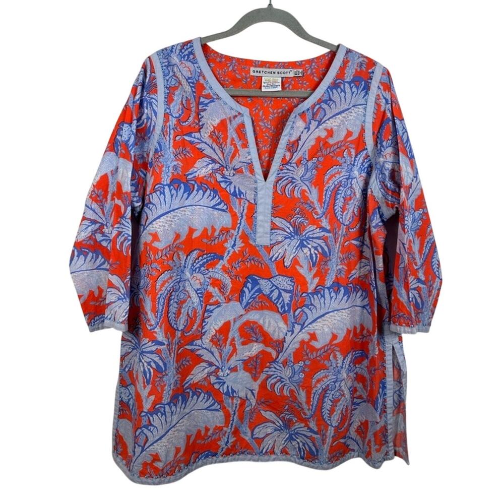 Gretchen Scott Tunic Women XL Orange Blue Excellent Beaded Cotton 3/4 Sleeve Top